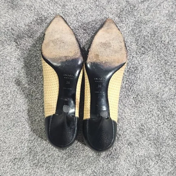 SOLD Prada Black Leather Raffia Cap Toe Pump Heels Sz 39 - Picture 12 of 15